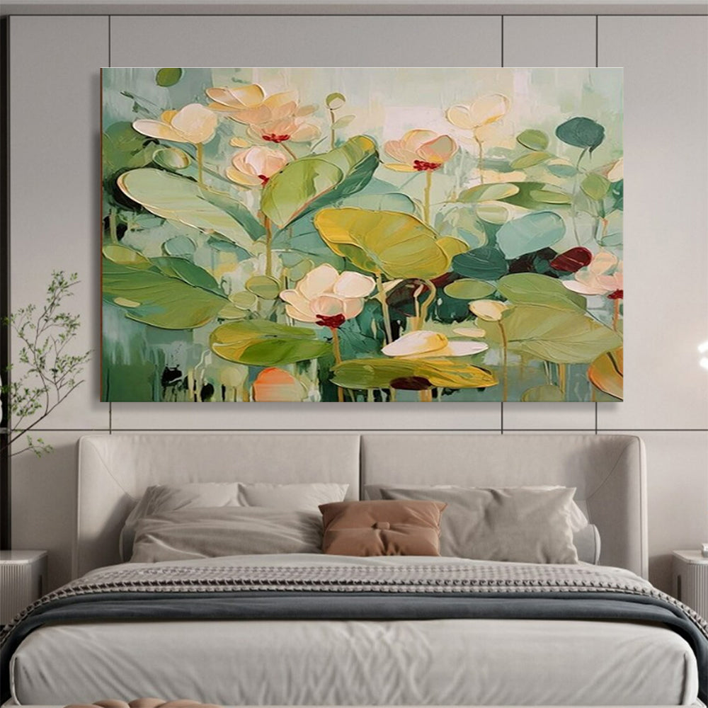 Hand Painted Art Soft Green and Beige Lotus Flowers Abstract Painting WB332