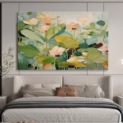 Hand Painted Art Soft Green and Beige Lotus Flowers Abstract Painting WB332