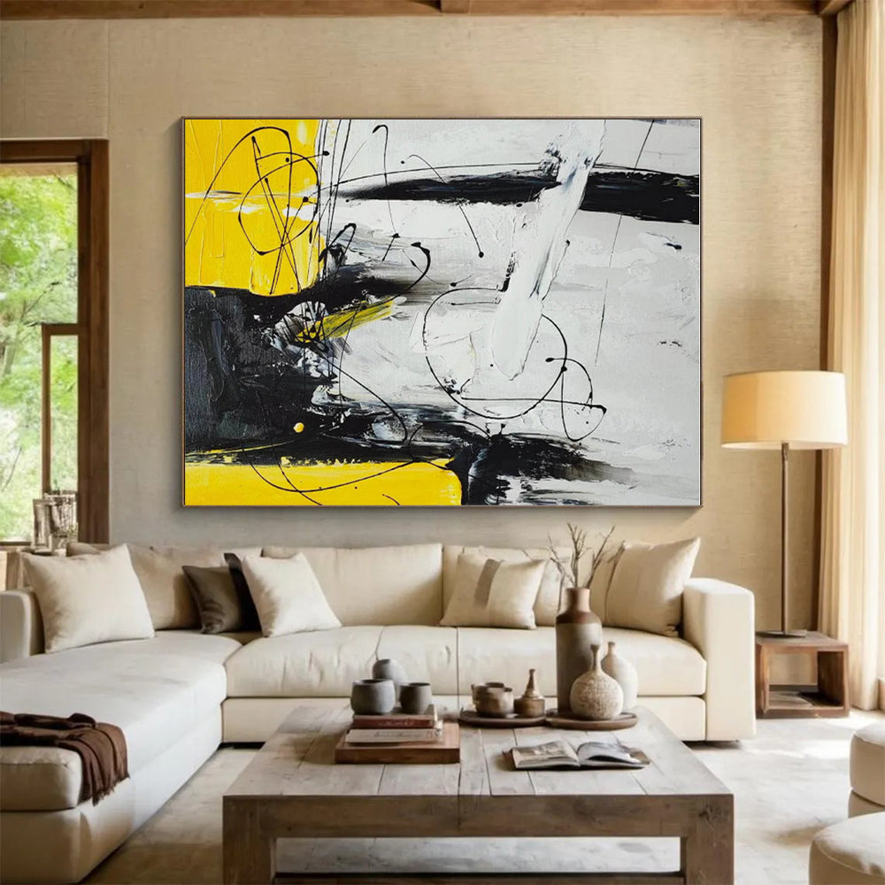 Big Painting Yellow, Black & White Abstract Dynamic Line Art HS405
