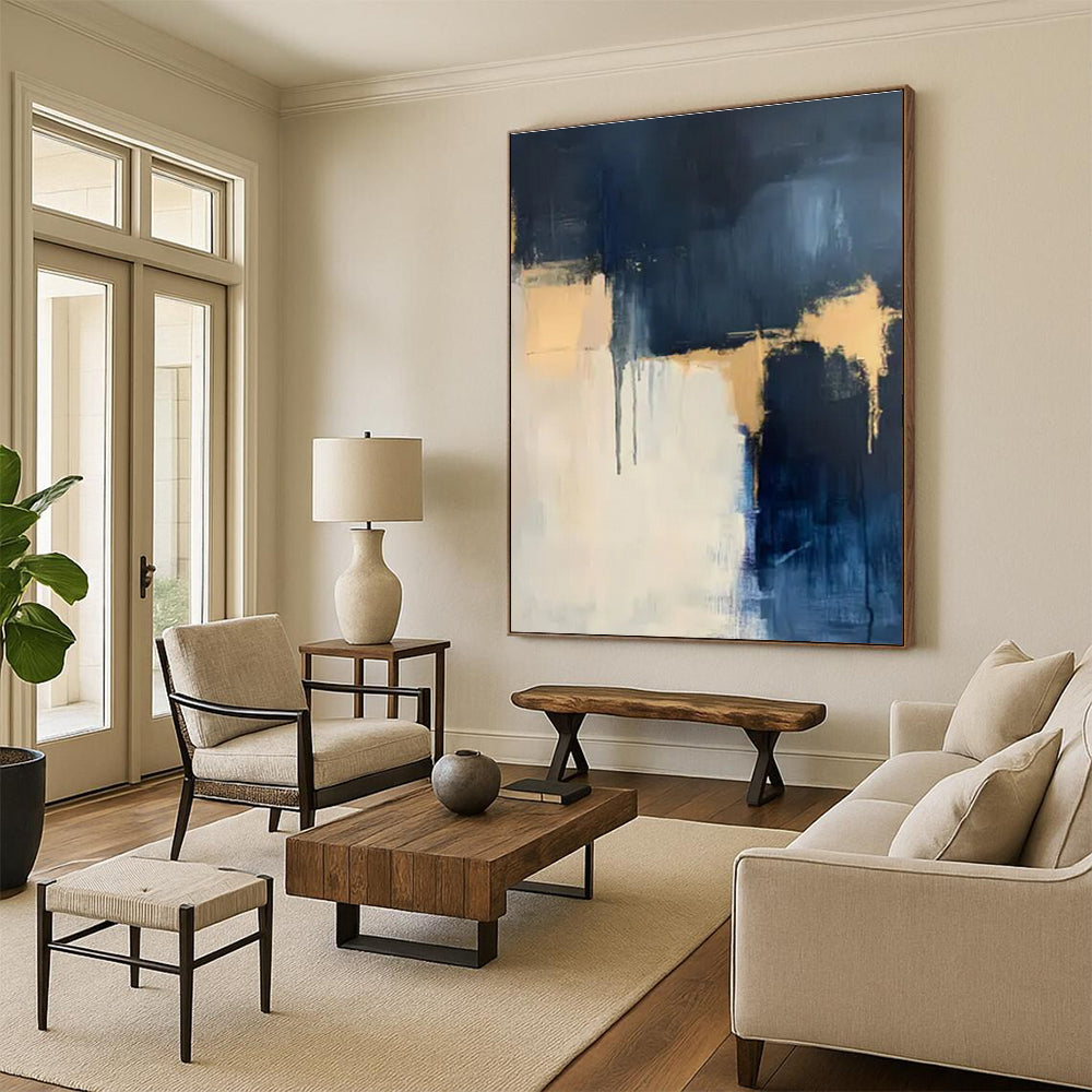 Handmade Art Navy, Beige, and Gold Textured Abstract Art HS748