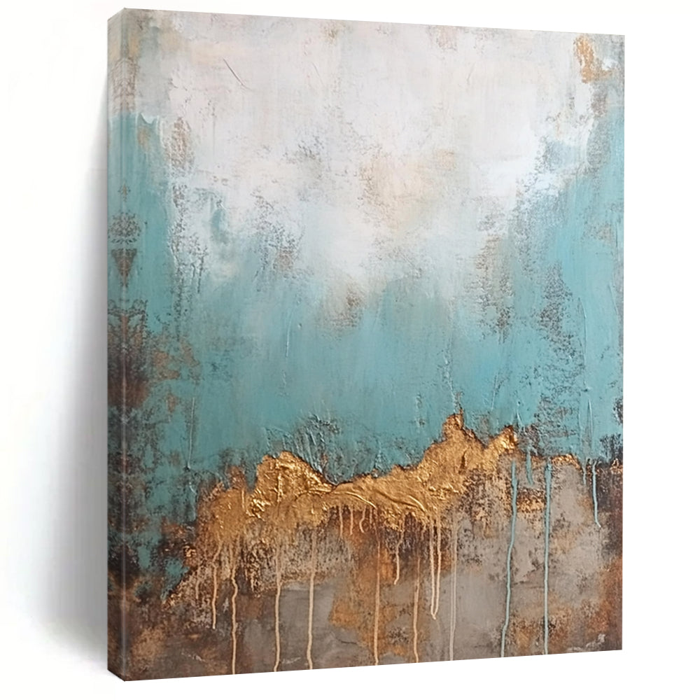 Hand Painted Art Teal, Gold, and Brown Abstract Textured Painting For Sale HS149