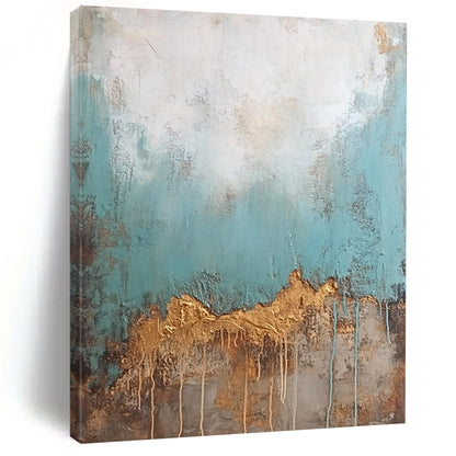 Hand Painted Art Teal, Gold, and Brown Abstract Textured Painting For Sale HS149