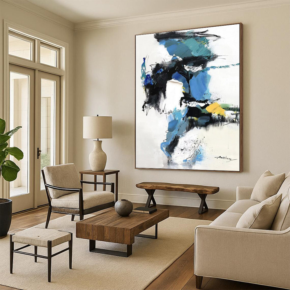 Hand Painted Art Blue, Black, and Yellow Dynamic Abstract Painting On Canvas HS791