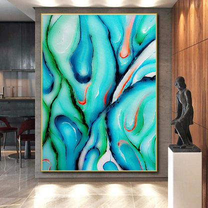 Unique Abstract Art Teal, Green, and Orange Fluid Abstract Art HS724