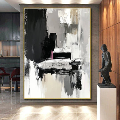 Hand-Painted Black, Gray, White, and Pink Abstract Textured Painting For Sale HS151