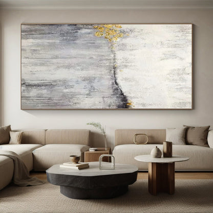 Hand-Painted Gray, White, and Gold Abstract Textured Painting For Sale HS035