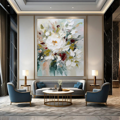 White, Red, and Green Abstract Floral Painting For Sale WS501