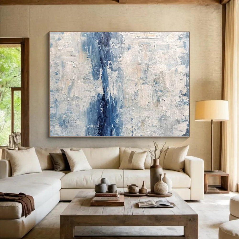 Hand Painted Art Blue and White Abstract Textured Seaside Painting For Sale HS093