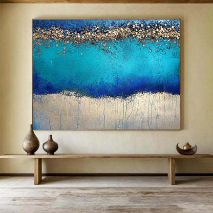 Modern Art Abstract Paintings with Blue, Turquoise and Gold Colors, Textured Abstract Theme WB324