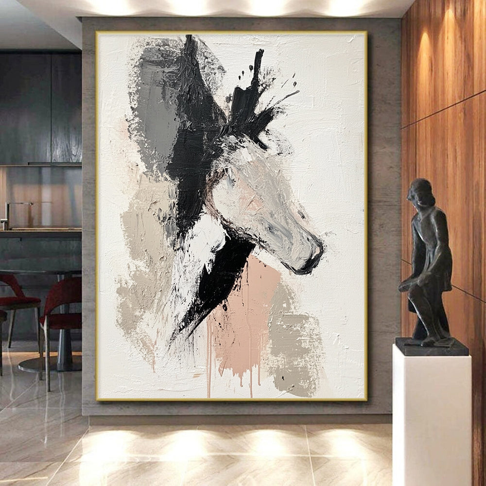 Unique Abstract Art Gray, Black, and Beige Abstract Horse Painting For Sale HS143