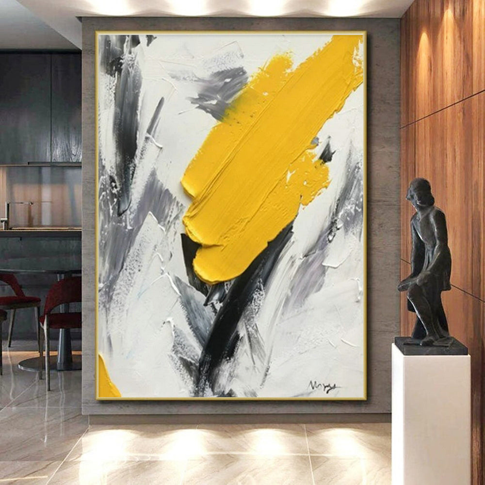 Hand-Painted Modern Art Acrylic with Yellow, Black, Gray Textured Layers - Large Painting In Living Room HS524