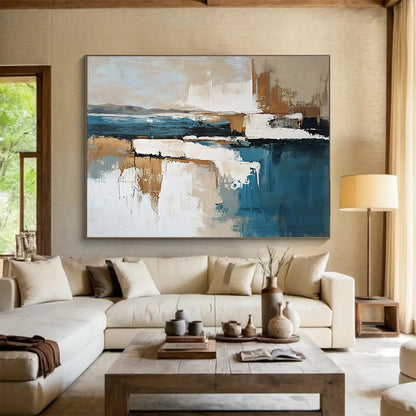 Hand Paintings with Blue, Beige, White and Brown Colors, Abstract Landscape with Reflection Theme WB308