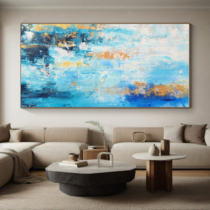 Hand-Painted Blue, Gold & White Textured Abstract, Acrylic Modern Art Painting HS281