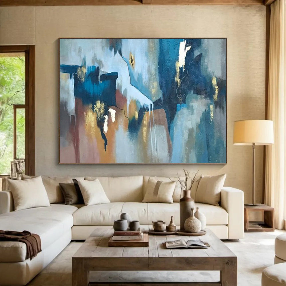 Large Contemporary Wall Art Blue, Brown, and Gold Abstract Composition HS652