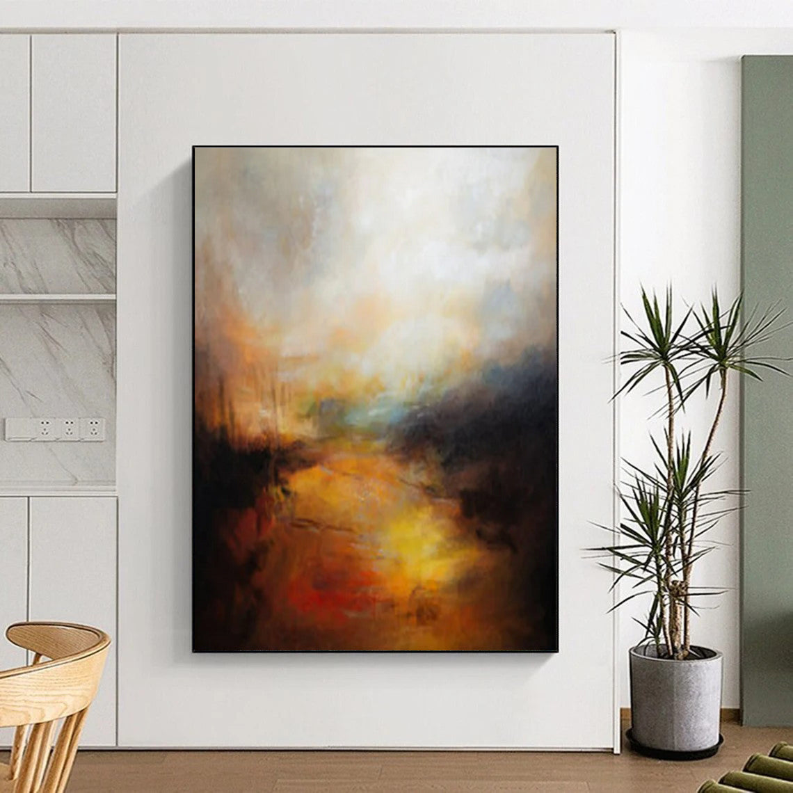 Handmade Art Orange, Yellow, and Black Textured Abstract Painting On Canvas HS808