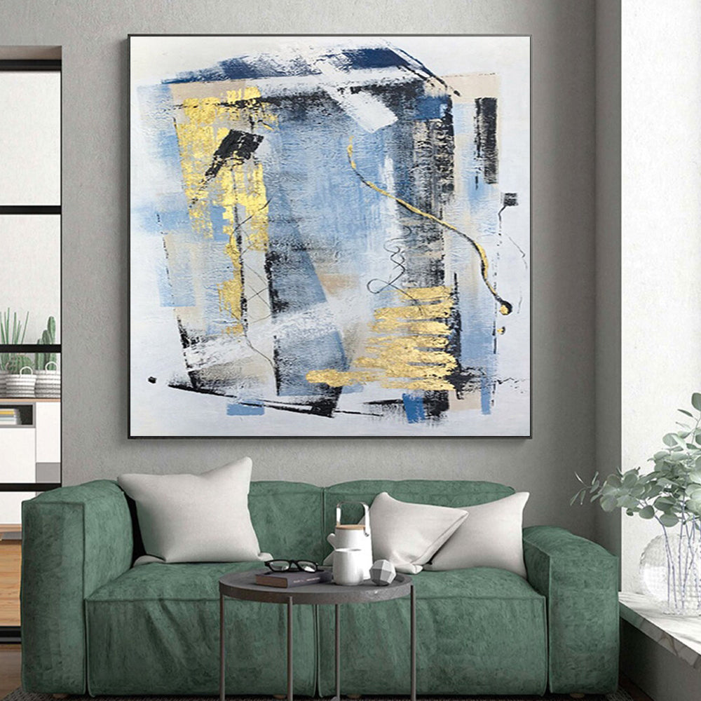 Modern Art Acrylic Blue, Gray & Gold Abstract Geometric Art HS399