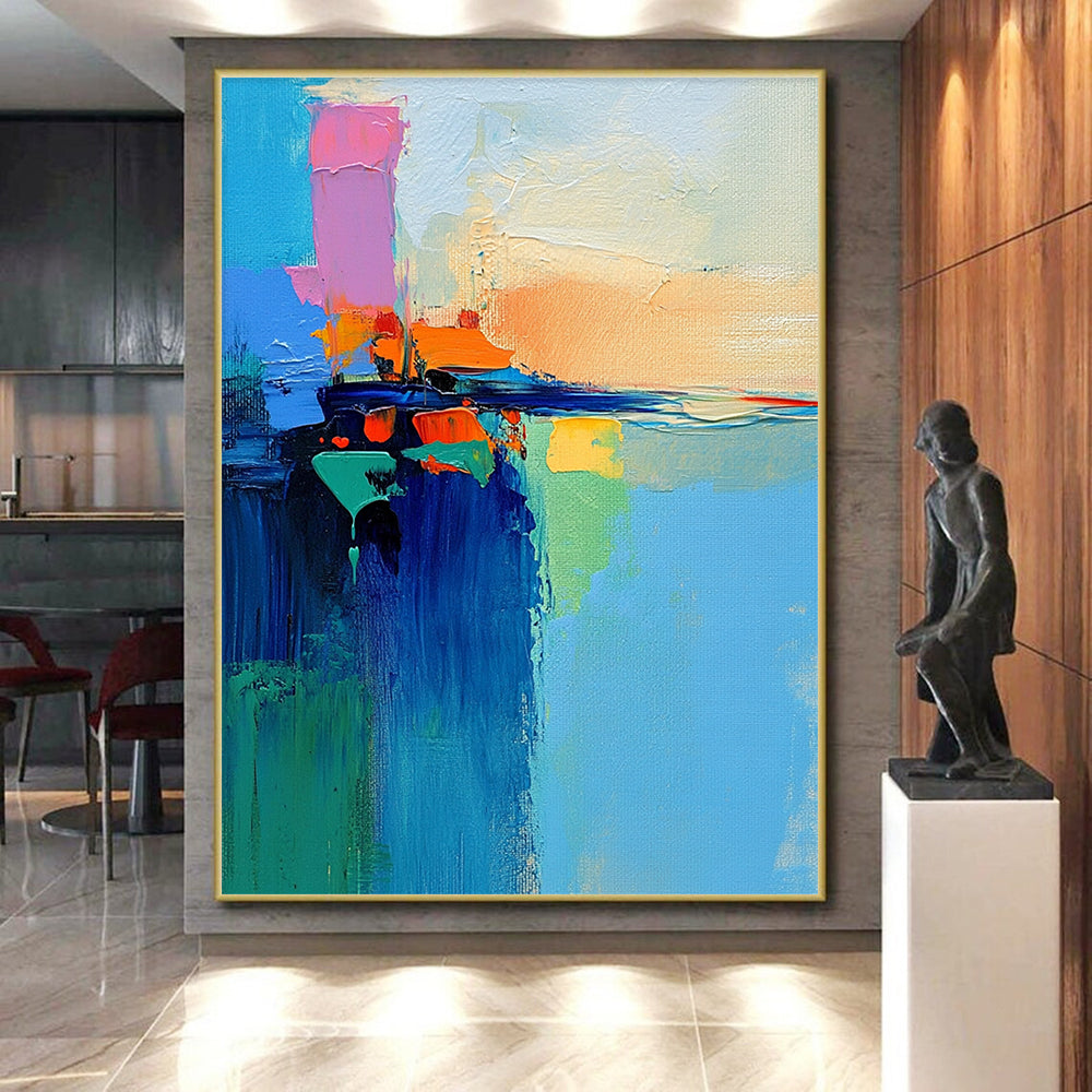 Hand-Painted Multicolor Abstract Seaside Painting For Sale HS122