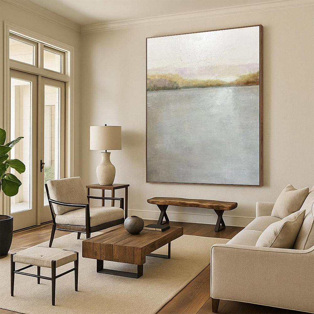 Hand Painted Art Gray and Beige Abstract Lakeside Painting For Sale HS082