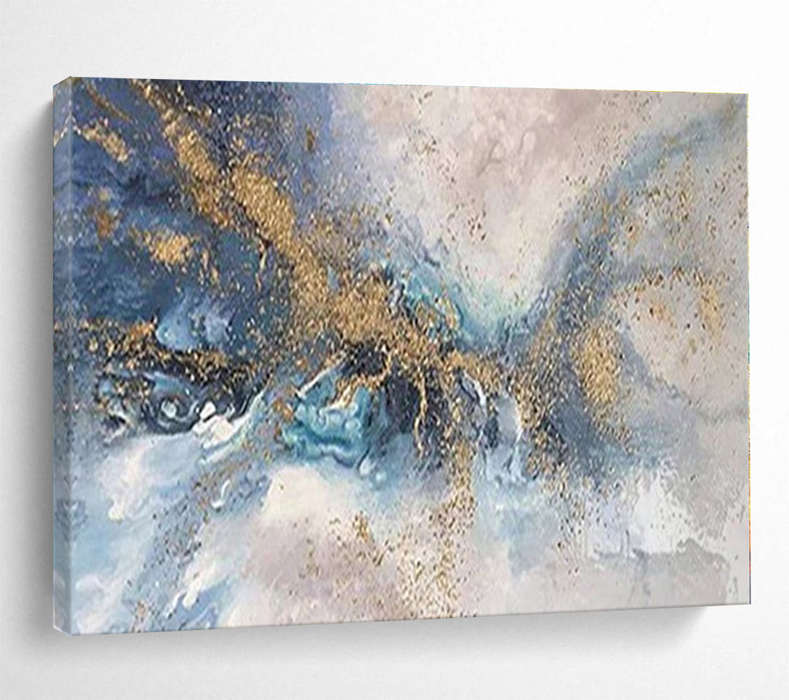 Big Size Blue, Gray and Gold Abstract Fluid Painting WB155
