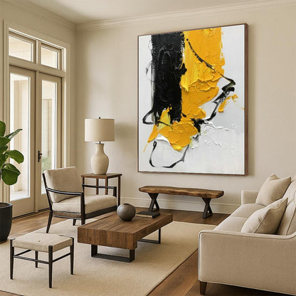 Hand-Painted Acrylic Modern Art Painting with Black, Yellow, White Textured Brushstrokes - Cool Abstract Paintings HS521
