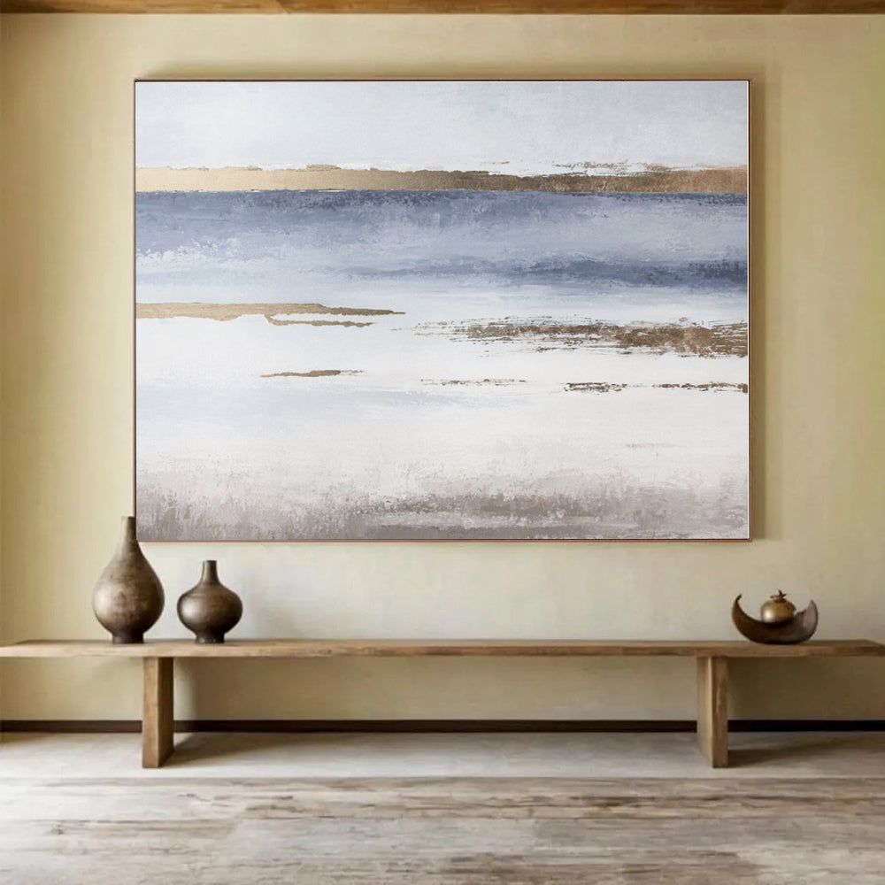 Oversized Canvas Art Blue, Gold and White Abstract Landscape Painting WB116