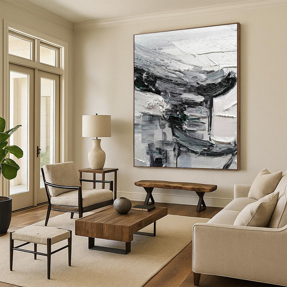 Hand-Painted Black, White, and Gray Abstract Textured Urban Painting For Sale HS059