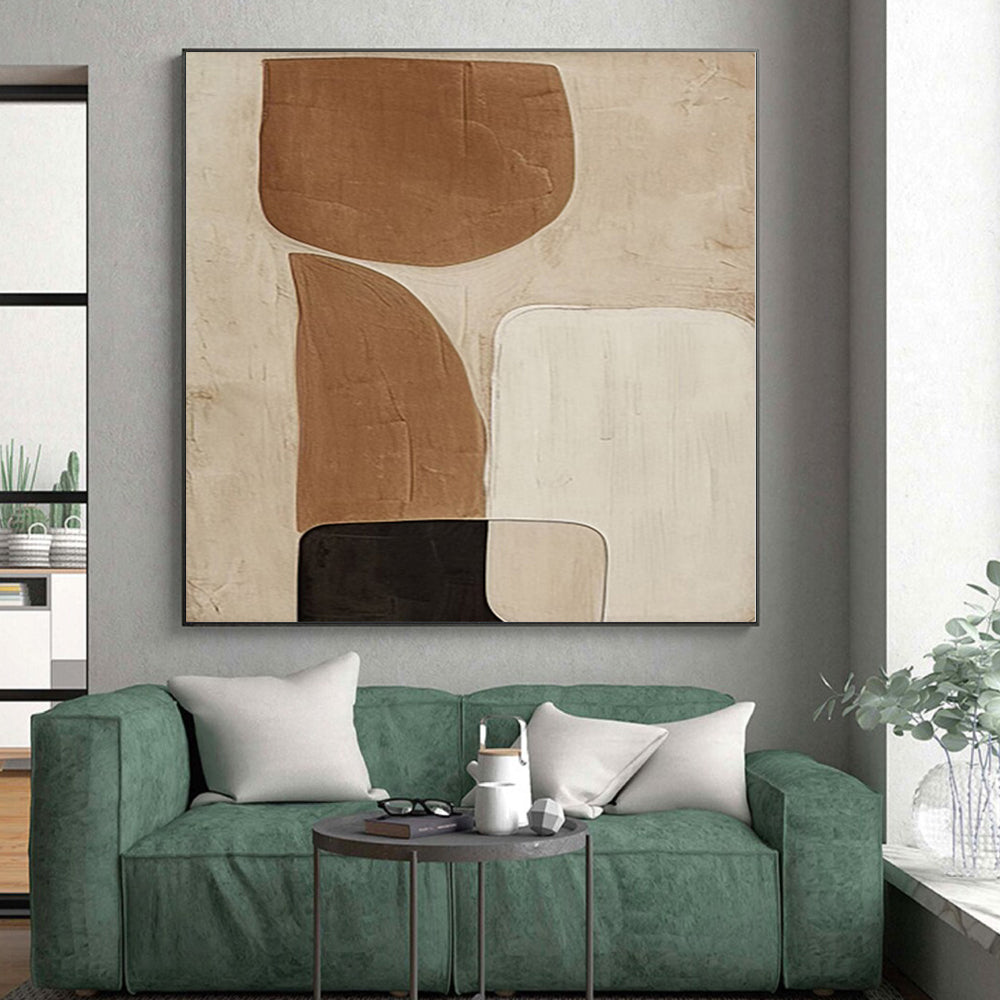Hand Painting Beige, Brown, and Black Abstract Shape Painting For Sale HS079
