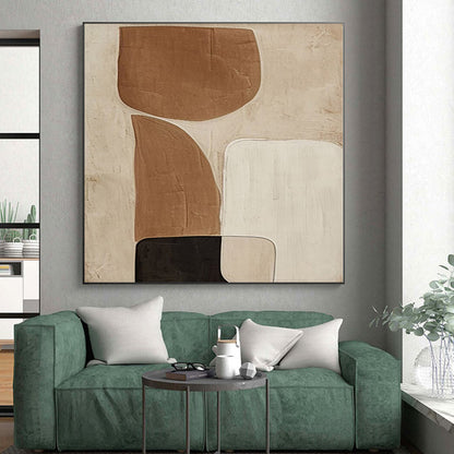 Hand Painting Beige, Brown, and Black Abstract Shape Painting For Sale HS079