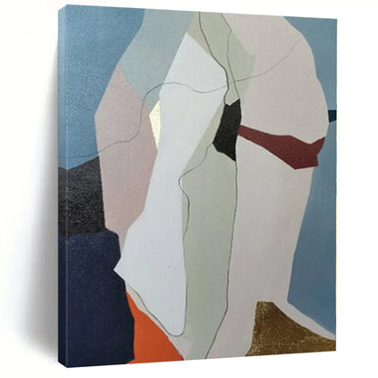 Hand-Painted Blue, Beige, and Gold Abstract Geometric Shape Painting For Sale HS020