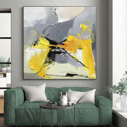 Hand-Painted Acrylic Modern Art Paintings with Yellow, Gray, Black Energetic Forms - Large Contemporary Wall Art HS526