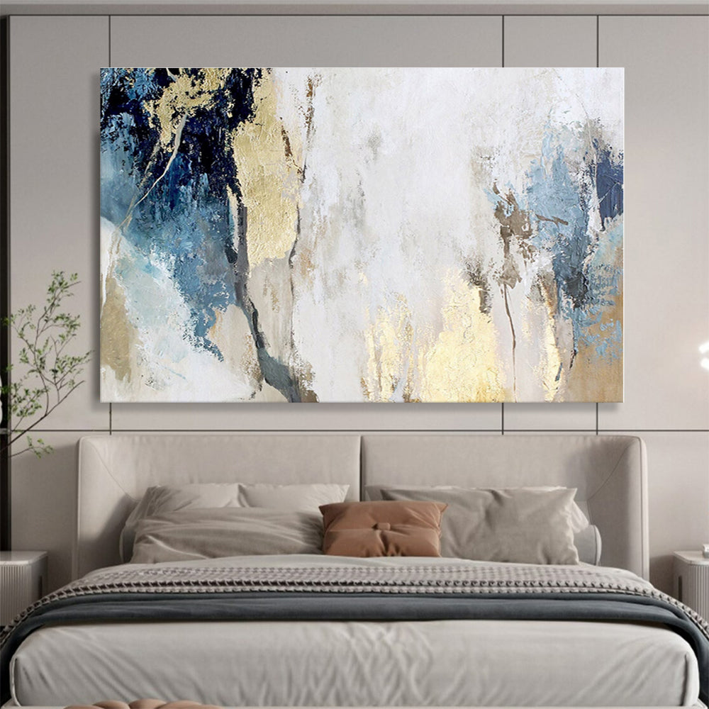 Blue, White, Gold Abstract Painting – Textured Acrylic Art WB042