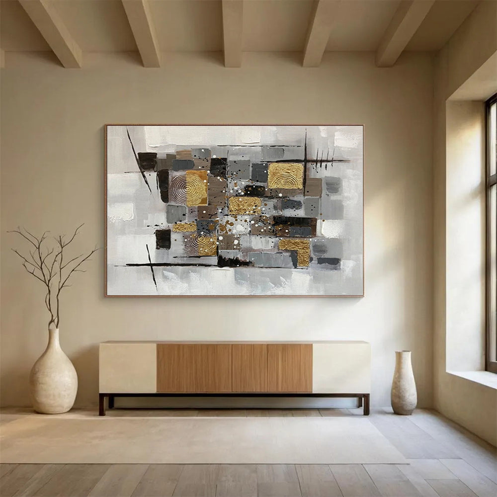 Big Size Gray, Gold and Black Abstract Geometric Painting WB091