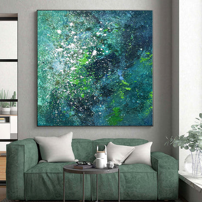 Hand-Painted Teal, Green, and White Abstract Splatter Painting For Sale HS015