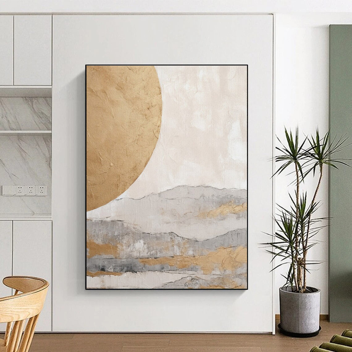 Gold, Gray, and Beige Abstract Mountain and Sun Painting For Sale Online WS486