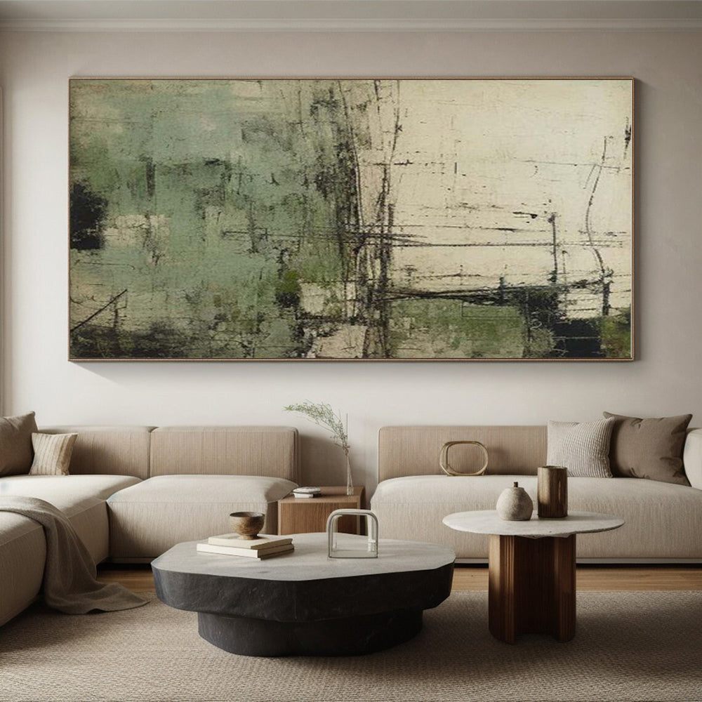 Unique Abstract Art Green & Beige Textured Abstract, Large Contemporary Wall Art HS336