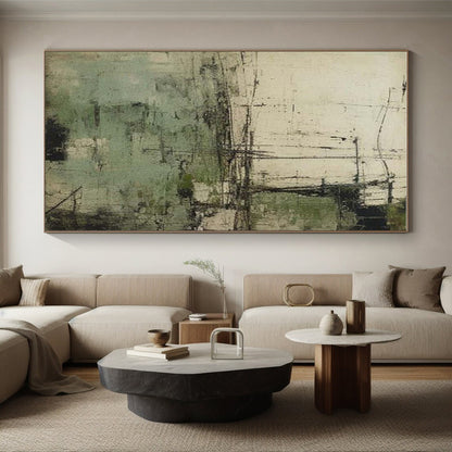 Unique Abstract Art Green & Beige Textured Abstract, Large Contemporary Wall Art HS336