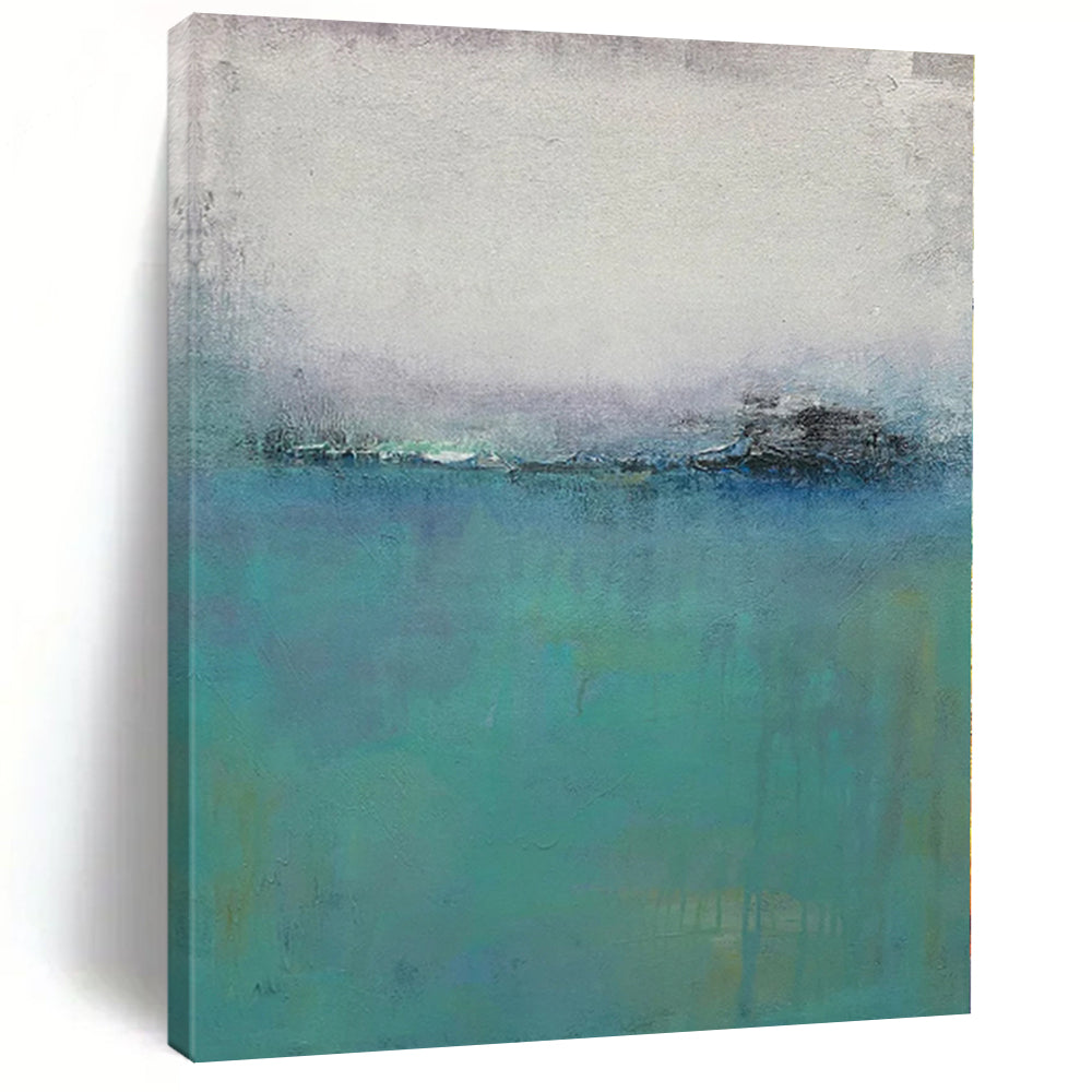 Hand-Painted Teal and Gray Abstract Misty Landscape Painting For Sale HS049
