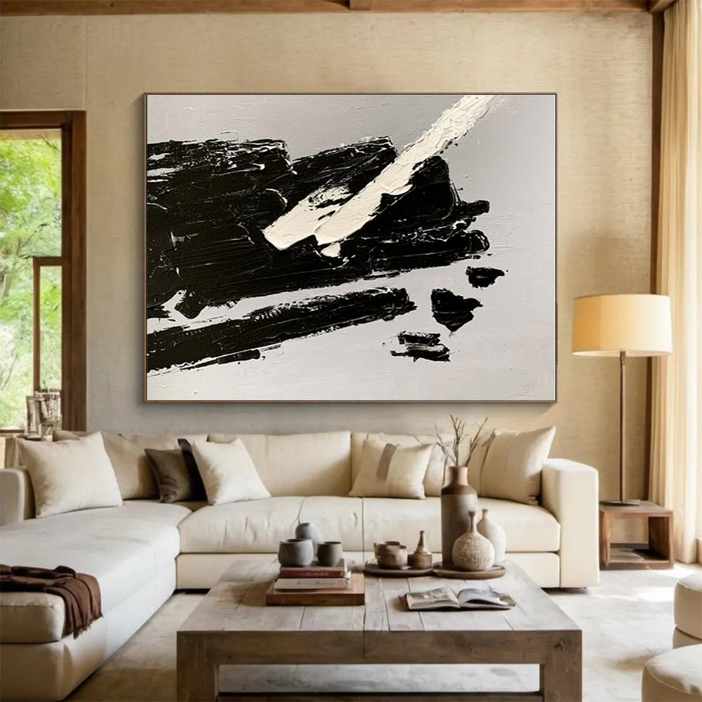 Oversized Canvas Art Black and White Abstract Textured Painting WB073
