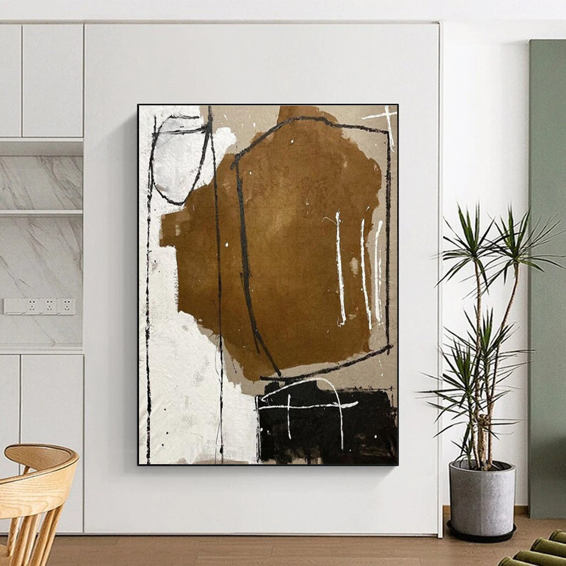 Handmade Art Brown, Black, and White Geometric Abstract Art HS694