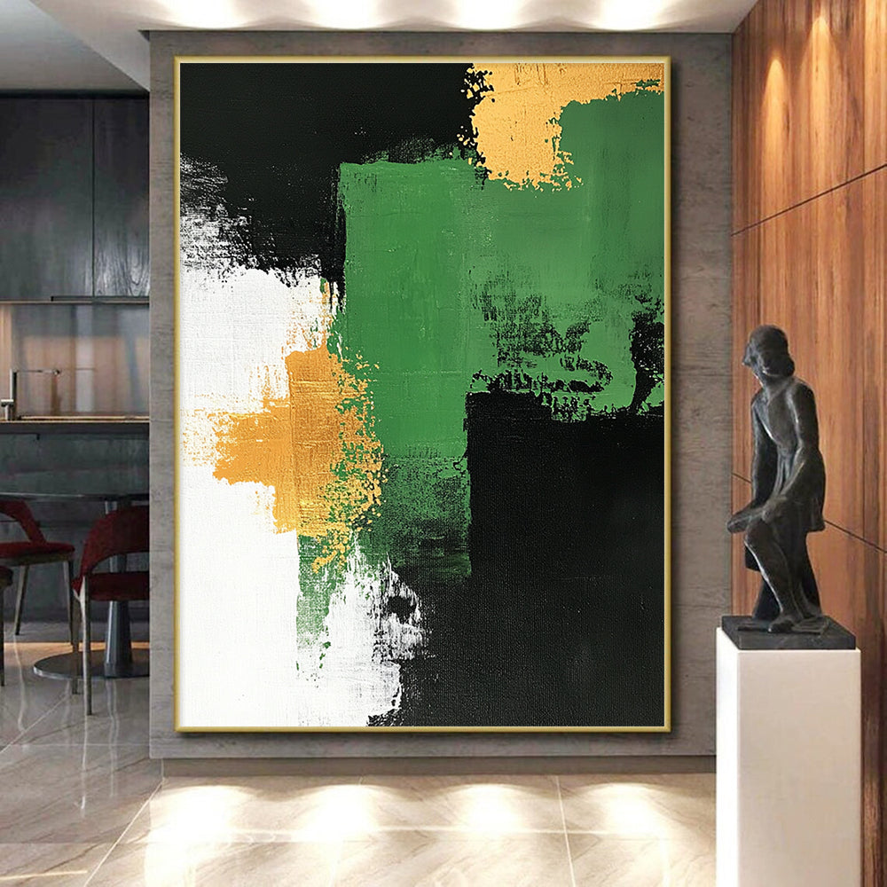Handmade Art Green, Black, and Gold Abstract Shape Painting For Sale HS145