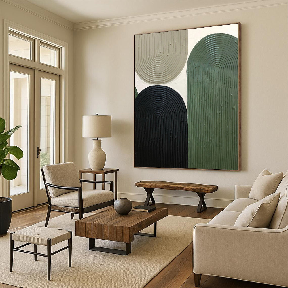 Hand-Painted Green, Black, and Beige Abstract Curved Shape Textured Painting For Sale HS030