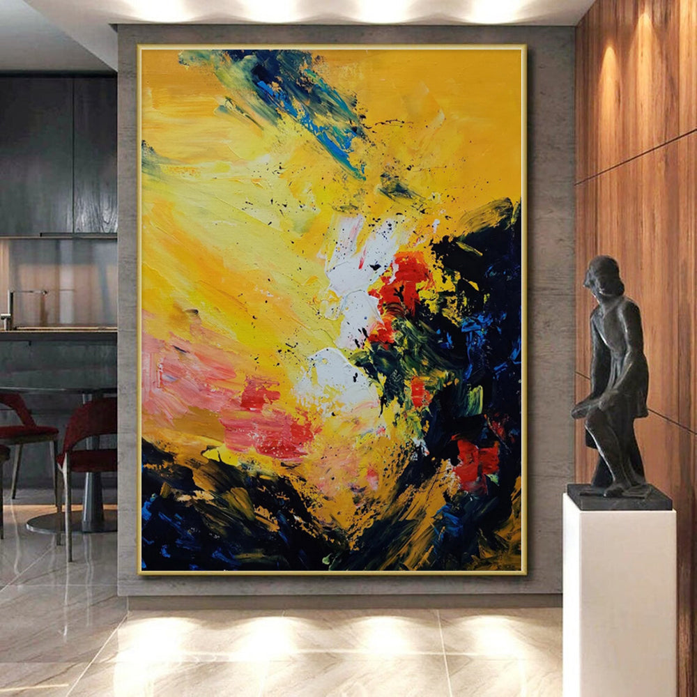 Hand-Painted Yellow, Red, and Blue Abstract Expressive Painting For Sale HS068
