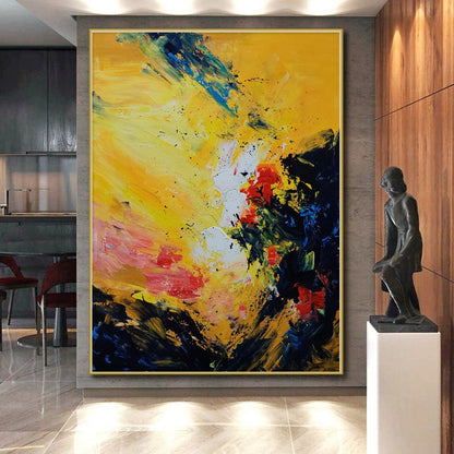 Hand-Painted Yellow, Red, and Blue Abstract Expressive Painting For Sale HS068