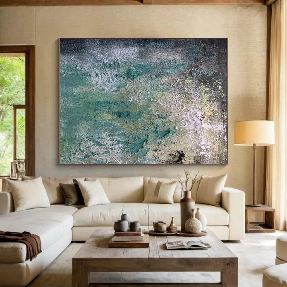 Hand Painted Art Teal, Green, and Gray Textured Abstract Painting On Canvas HS783