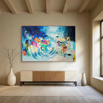 Contemporary Abstract Painting Vibrant Blue and Multicolor Whimsical Abstract Painting WB334