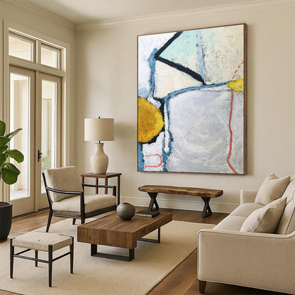 Handmade Art Gray, Yellow, and Blue Geometric Abstract Painting On Canvas HS826