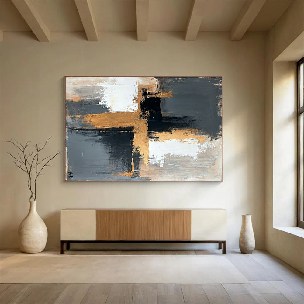 Contemporary Abstract Art with Black, White, Gold and Gray Colors, Minimalist Geometric Abstract Theme WB329