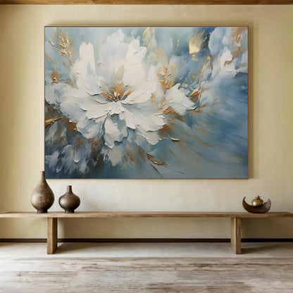 Blue, White, Gold Abstract Floral Art For Sale WB407