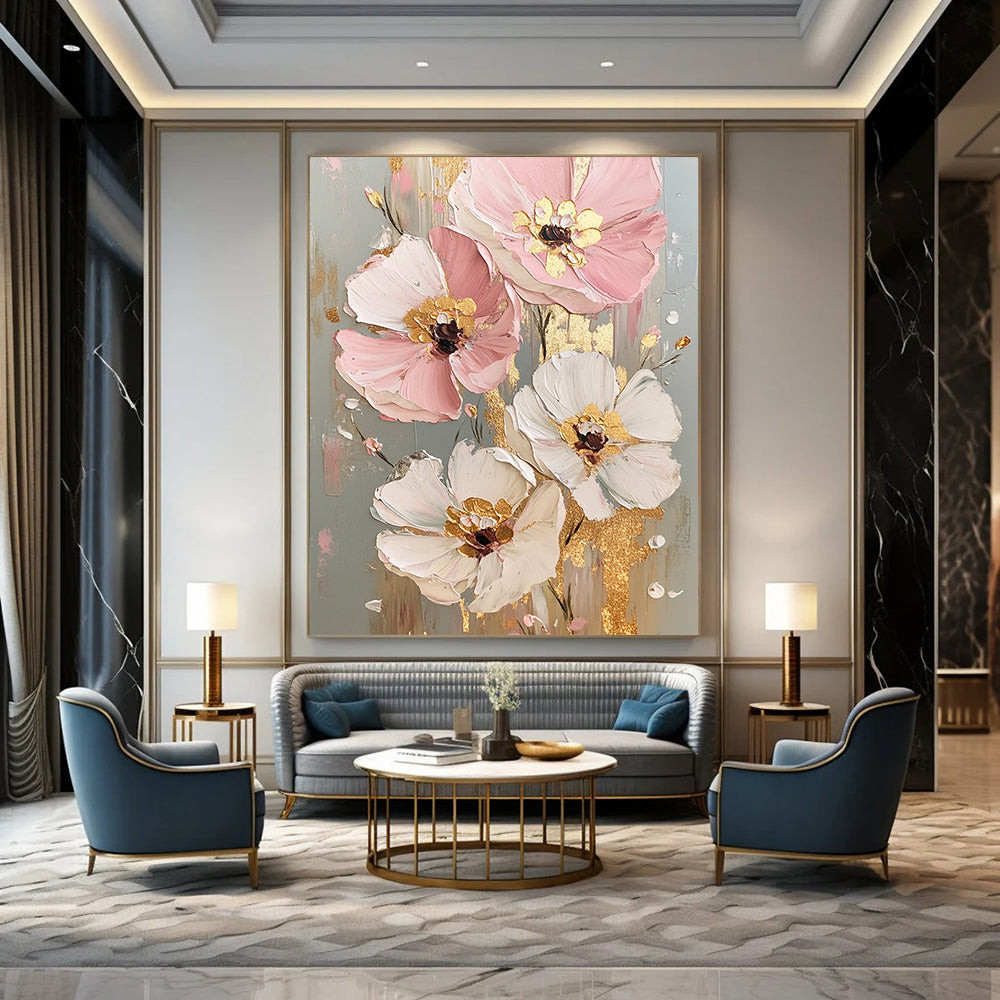 Pink, White, Gold Abstract Floral Art For Bedroom and Dining Room WS437