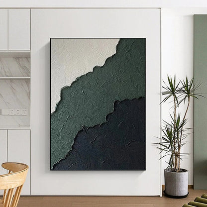 Hand-Painted Green, Black, and White Textured Abstract Layer Painting For Sale HS047